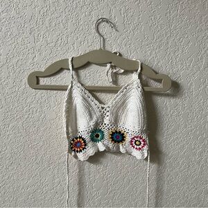 Crochet White Top With Floral Design